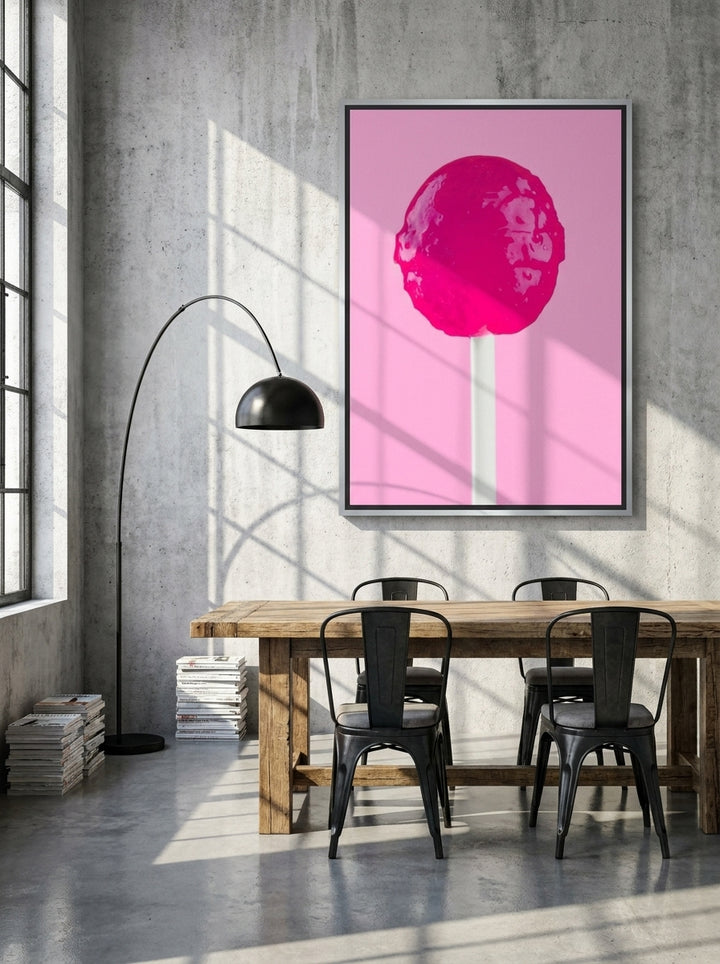 Oversized statement canvas wall art with a silver leaf surround styled on the wall in an industrial loft dining room