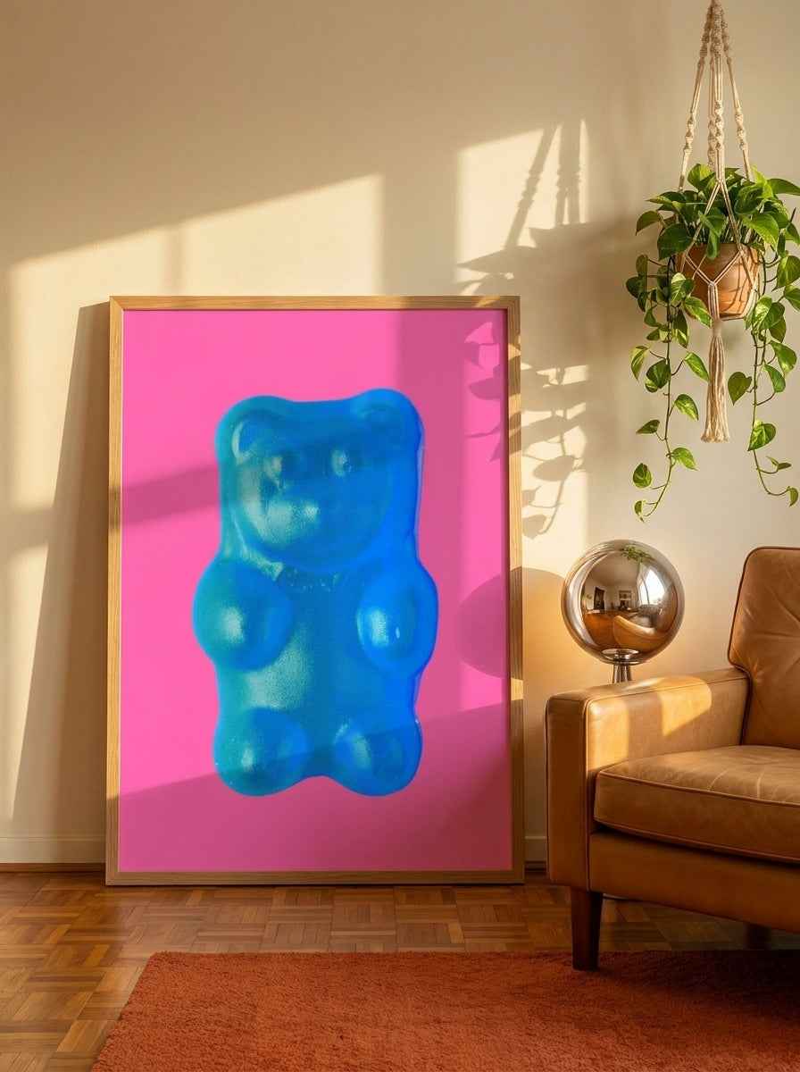 Modern wall art print leaning against the wall in a retro 70s living room