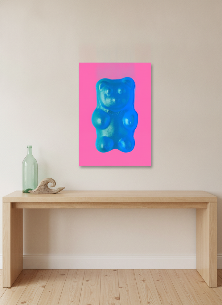 Stretched canvas wall art standing on a kitchen bench in a coastal kitchen
