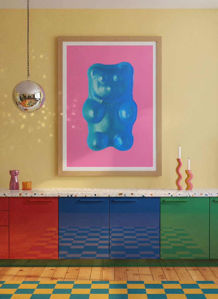 Modern wall art print styled on the wall in a colourful eclectic kitchen