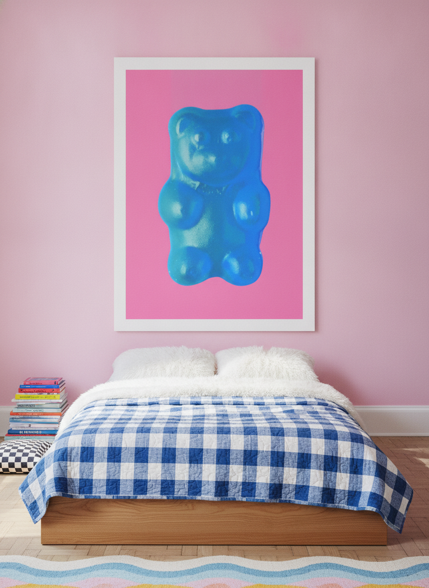 Oversized statement modern wall art print styled on the wall in a colourful eclectic bedroom