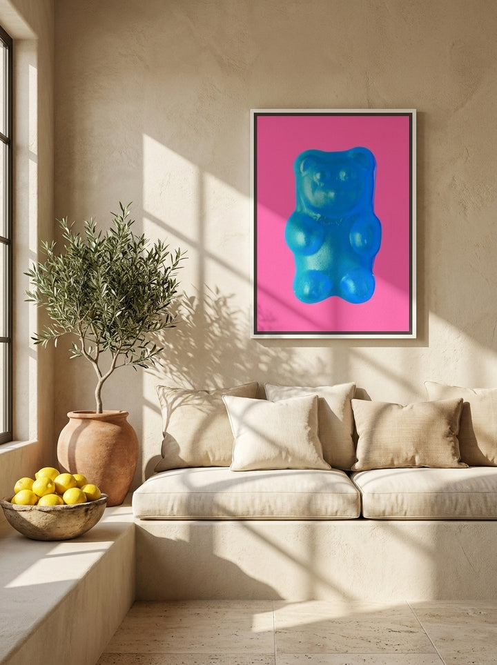 Canvas wall art with a white surround styled on the wall in a Mediterranean living room