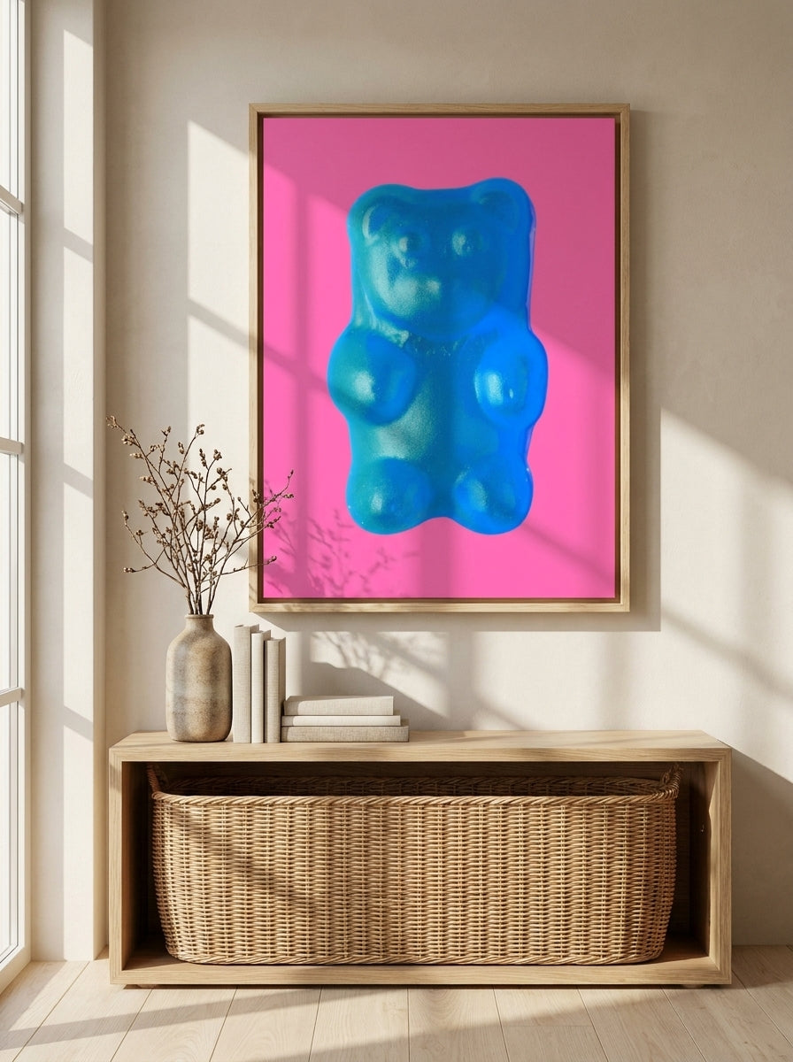 Canvas wall art with a natural timber surround styled on the wall in a warm Japandi nursery