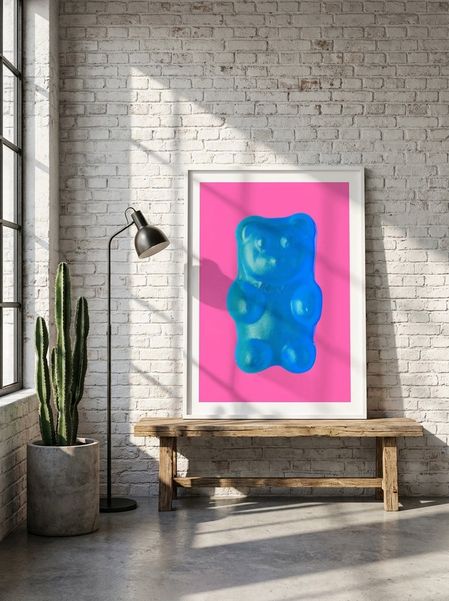 Modern wall art print standing on a bench in an industrial loft bedroom