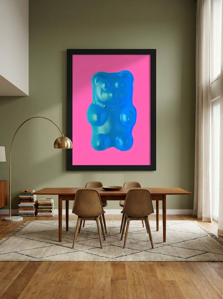 Oversized statement modern wall art print styled on the wall in a mid-century dining room