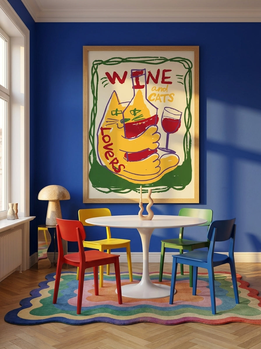 Oversized statement modern wall art print styled on the wall in a colourful eclectic dining room