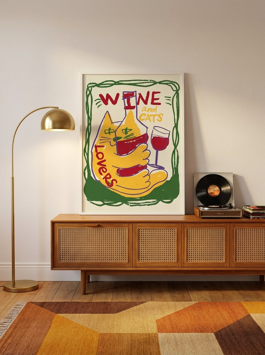 Modern wall art print standing on a sideboard in a mid-century living room