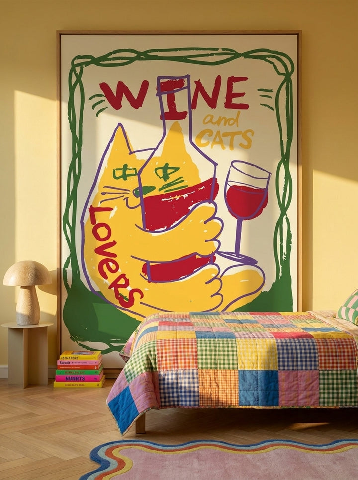 Oversized statement canvas wall art with a natural timber surround styled on the wall in a colourful eclectic bedroom