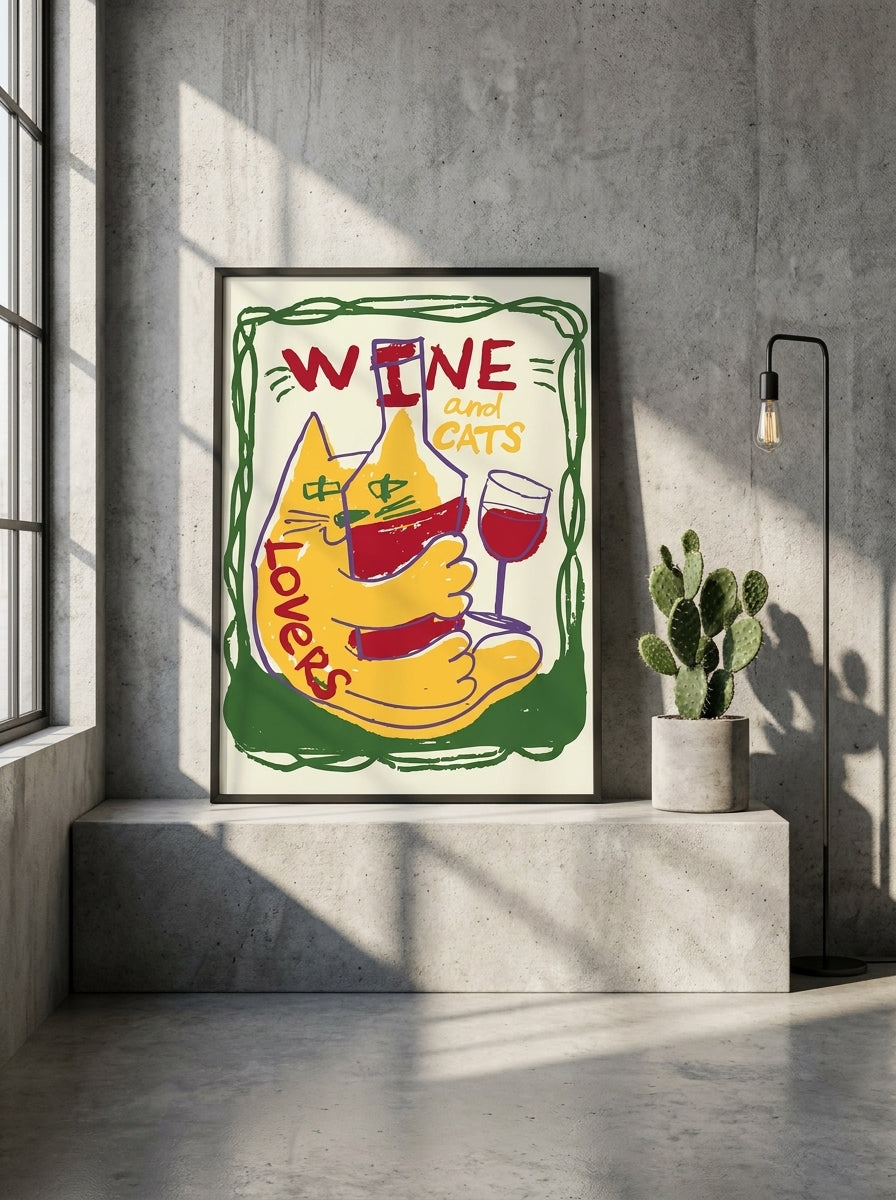 Modern wall art print standing on a kitchen bench in an industrial loft kitchen