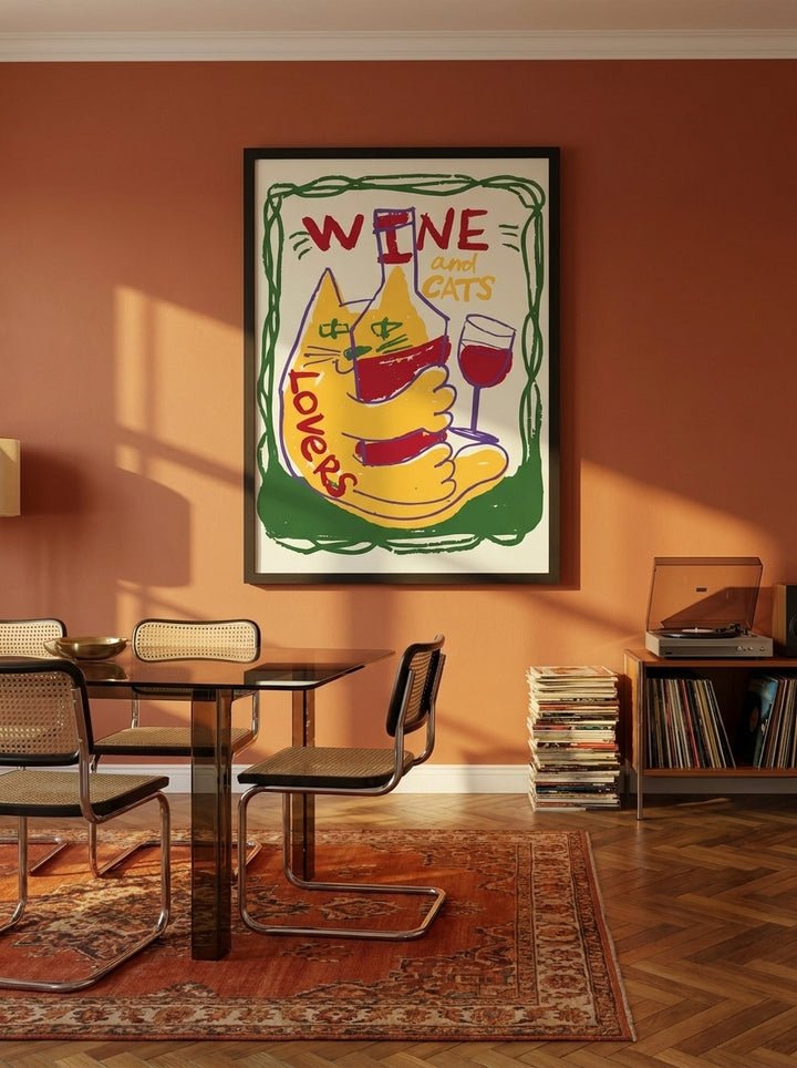 Oversized statement modern wall art print styled on the wall in a retro 70s dining room