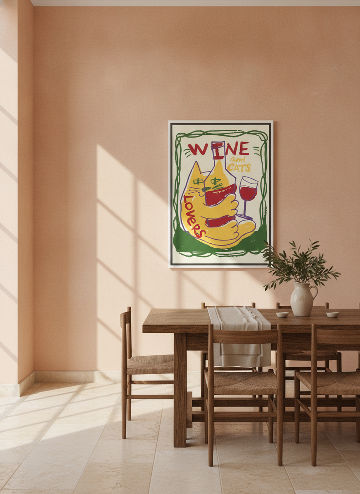 Oversized statement canvas wall art with a white surround styled on the wall in a Mediterranean dining room