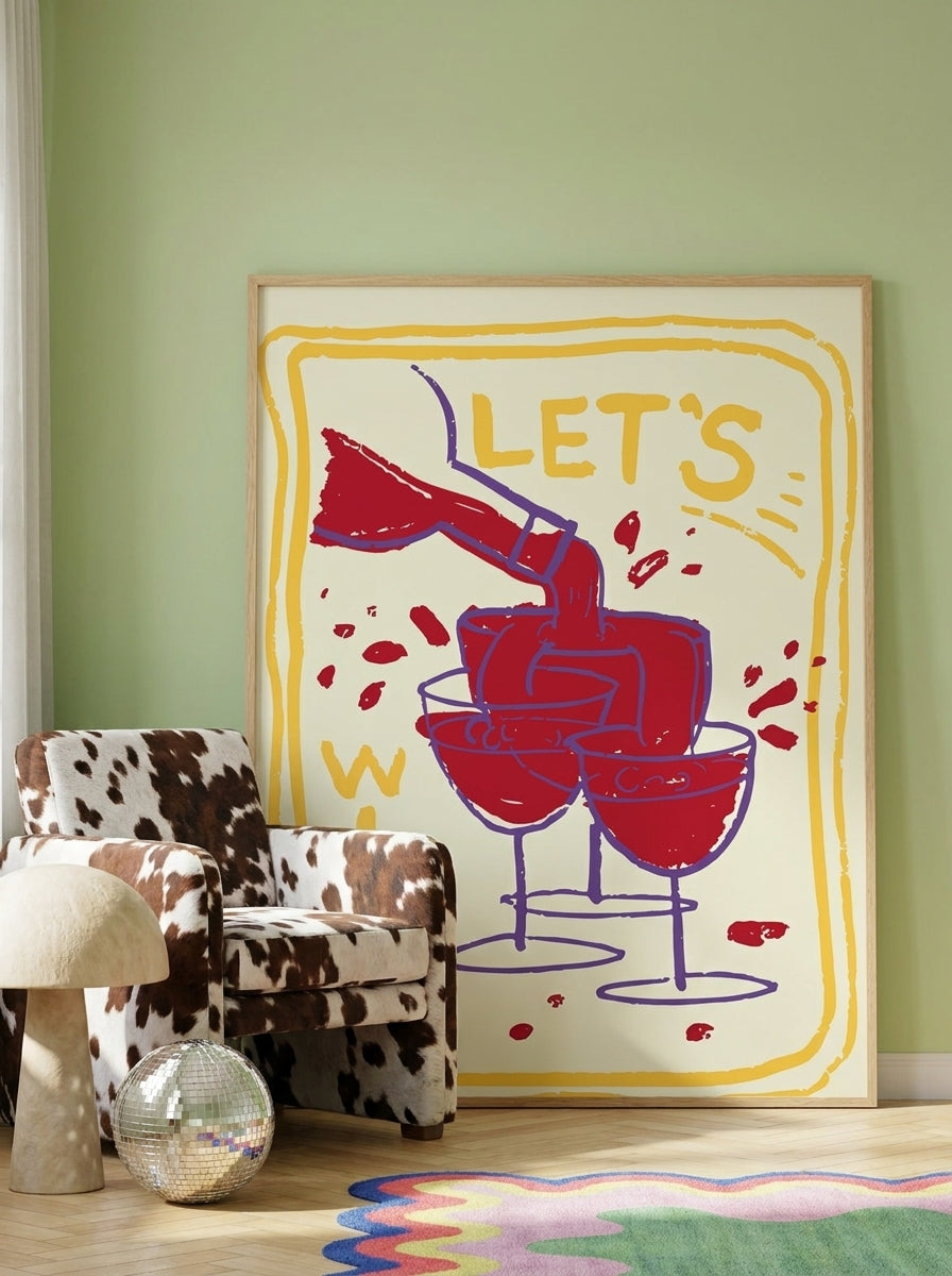 Oversized statement modern wall art print leaning against the wall in a colourful eclectic living room