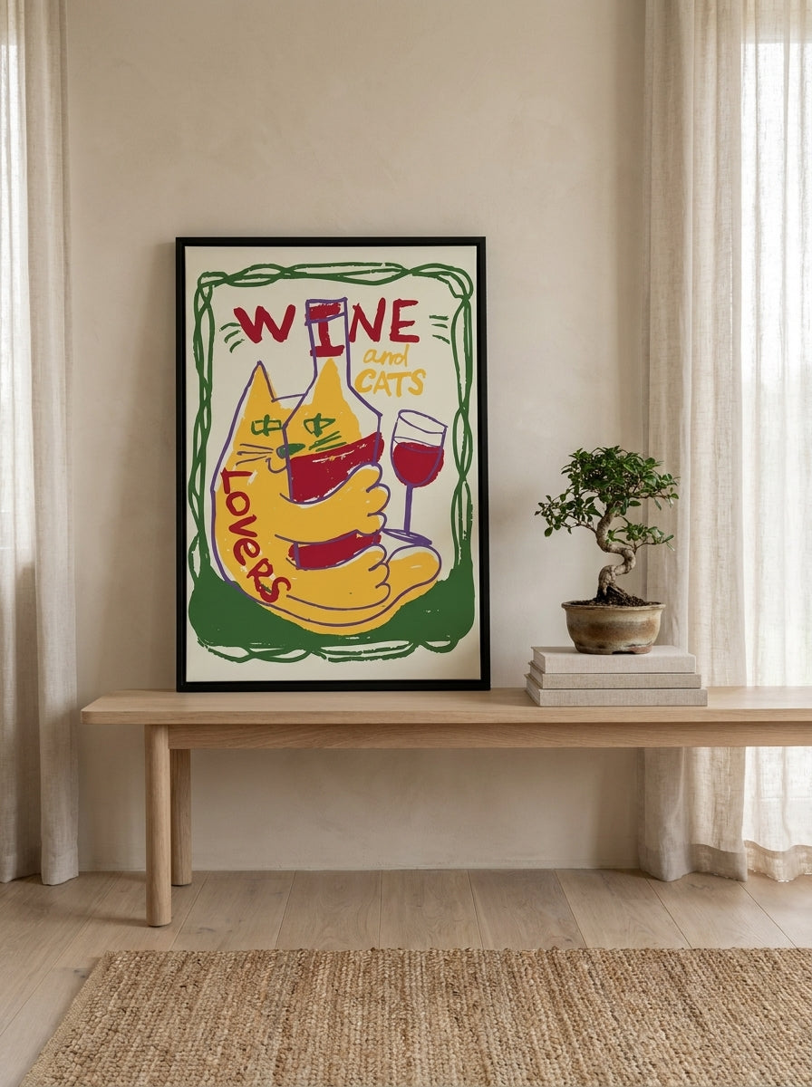 Canvas wall art with a black surround standing on a kitchen bench in a warm Japandi kitchen