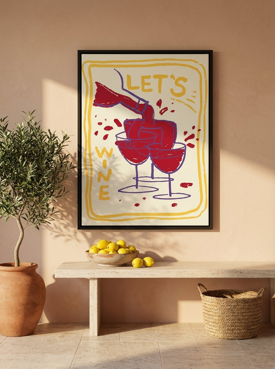Canvas wall art with a black surround styled on the wall in a Mediterranean kitchen