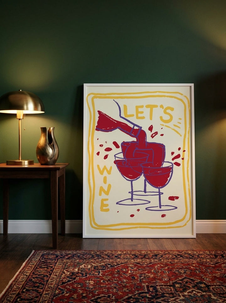 Modern wall art print leaning against the wall in a moody dining room