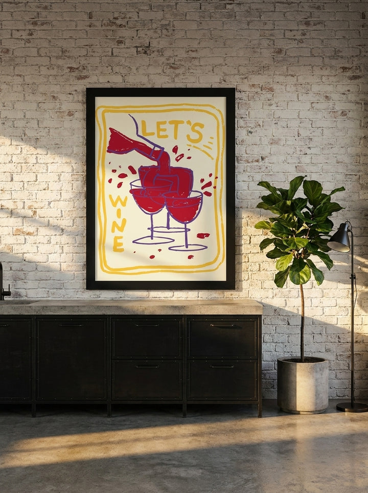 Modern wall art print styled on the wall in an industrial loft kitchen