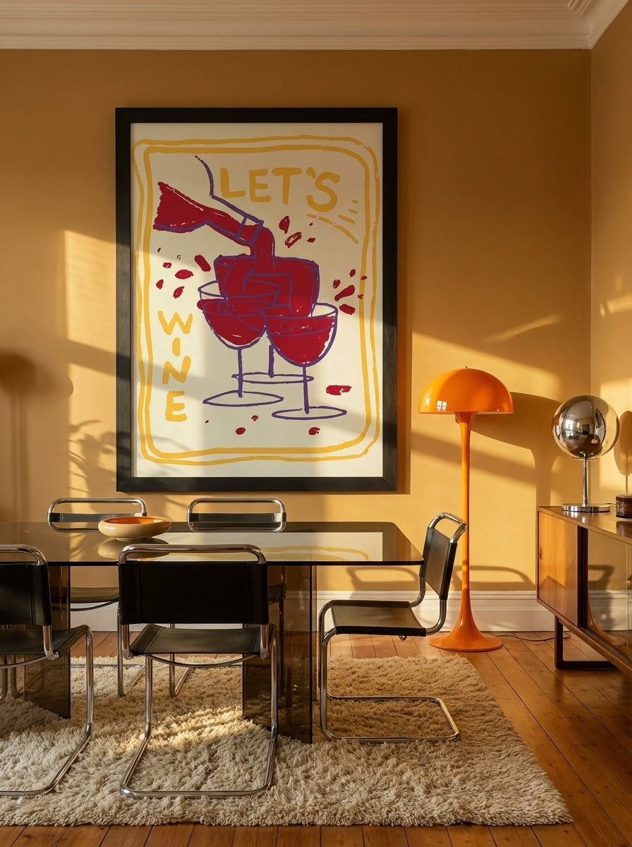 Oversized statement modern wall art print styled on the wall in a retro 70s dining room