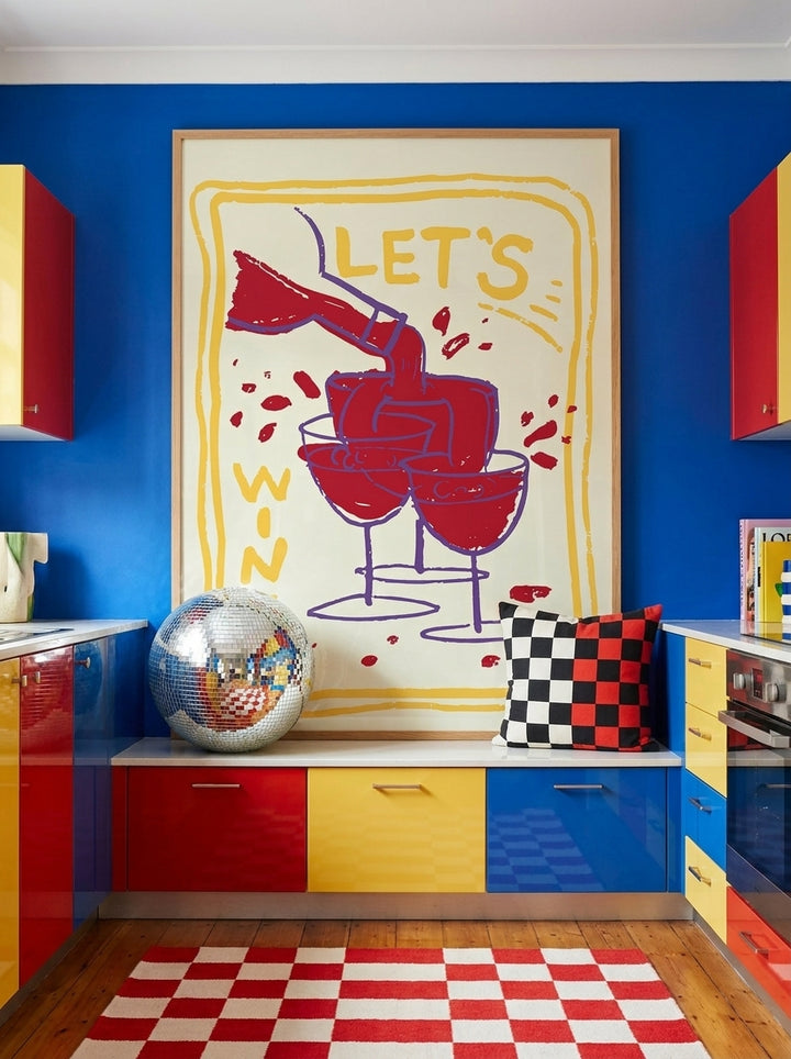 Modern wall art print styled on the wall in a colourful eclectic kitchen