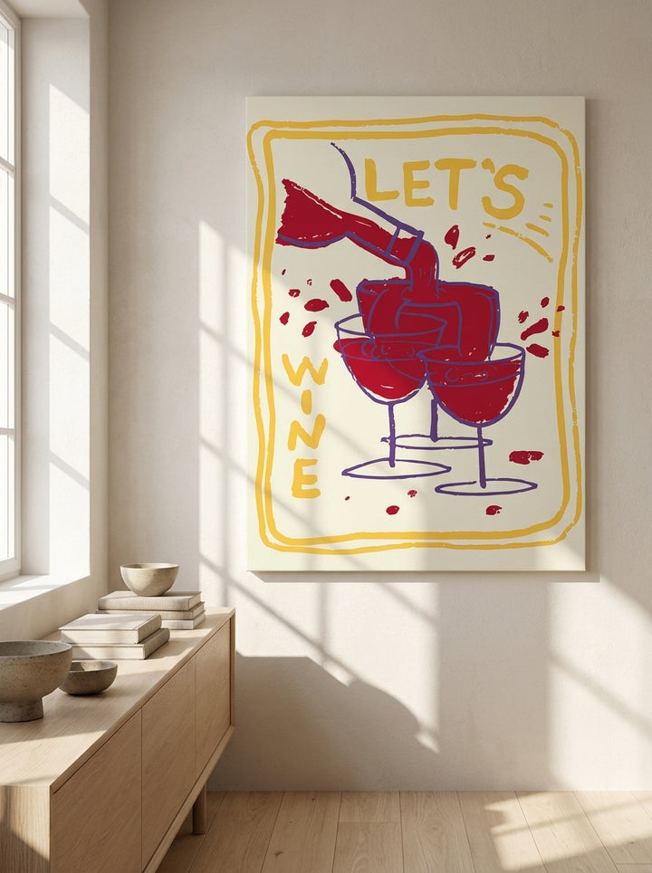 Stretched canvas wall art styled on the wall in a warm Japandi living room