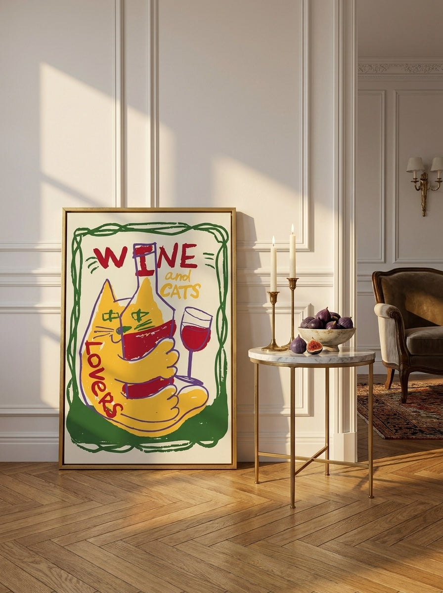 Canvas wall art with a gold leaf surround leaning against the wall in a Parisian living room