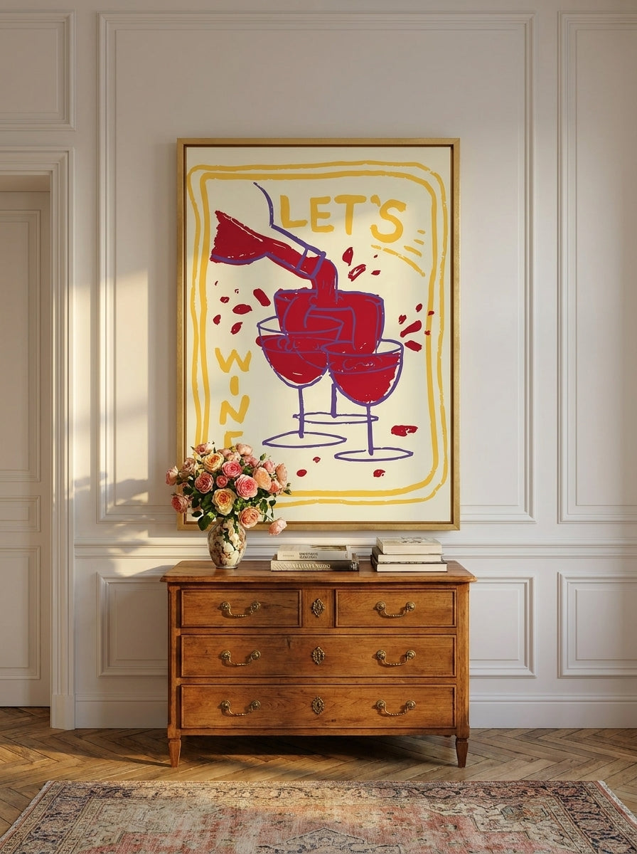 Canvas wall art with a gold leaf surround standing on a sideboard in a Parisian living room
