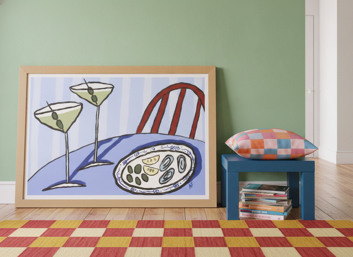 Modern wall art print standing on a side table in a colourful eclectic living room