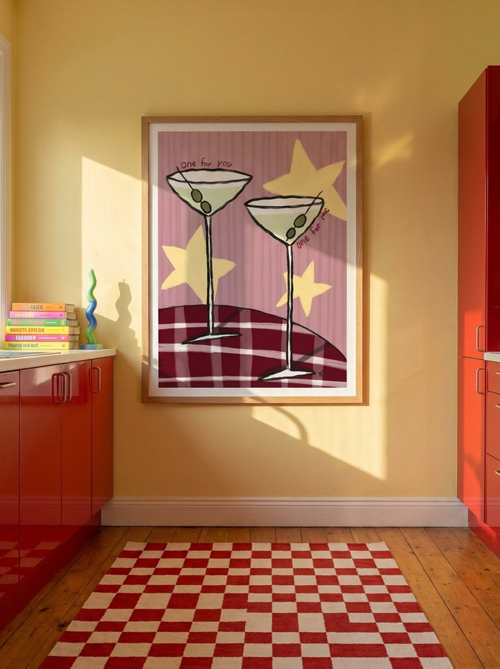 Modern wall art print styled on the wall in a colourful eclectic kitchen