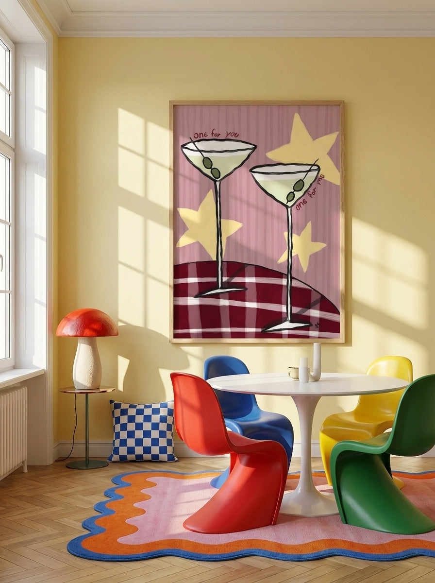 Oversized statement modern wall art print styled on the wall in a colourful eclectic dining room