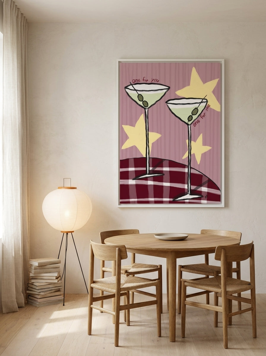 Oversized statement canvas wall art with a white surround styled on the wall in a warm Japandi dining room