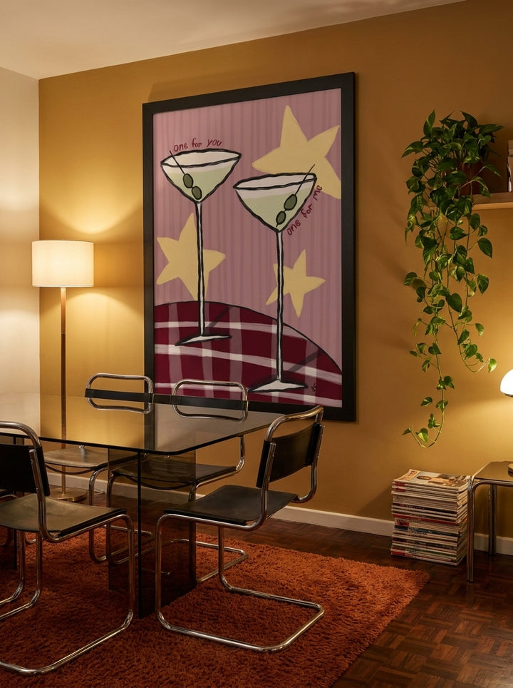 Oversized statement modern wall art print styled on the wall in a retro 70s dining room