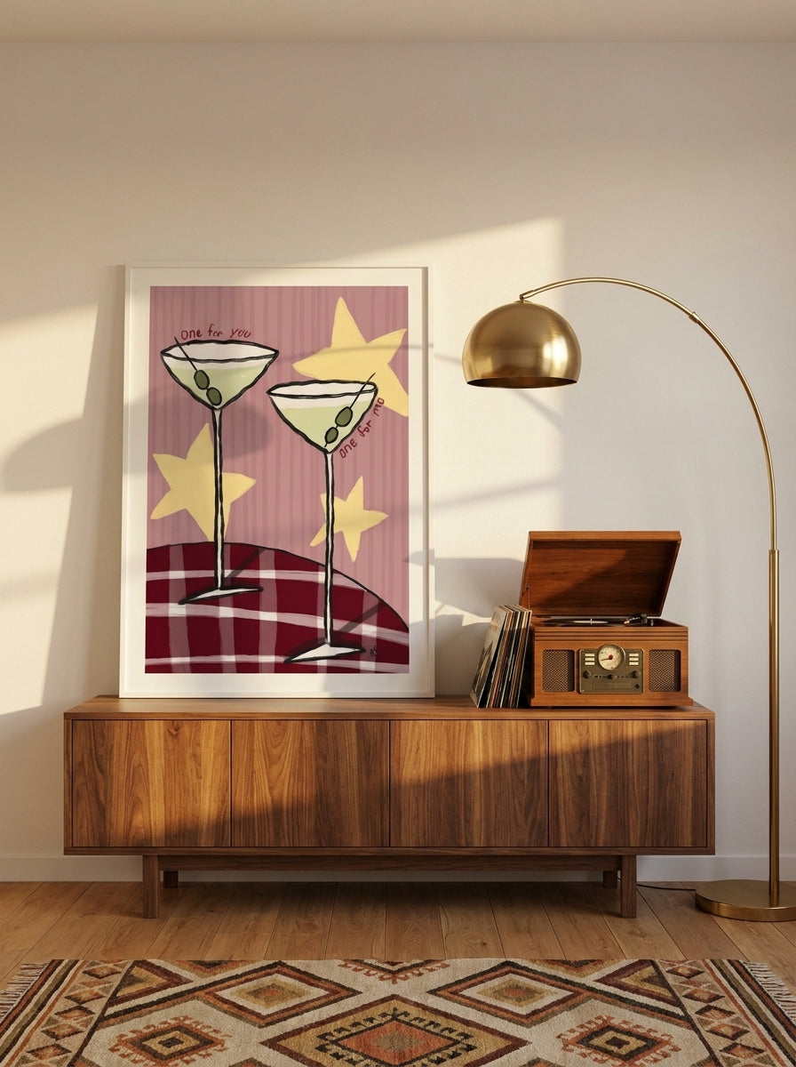 Modern wall art print standing on a sideboard in a mid-century living room