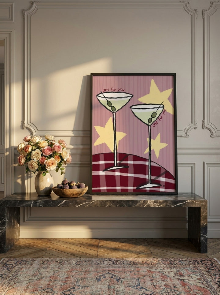 Modern wall art print standing on a kitchen bench in a Parisian kitchen