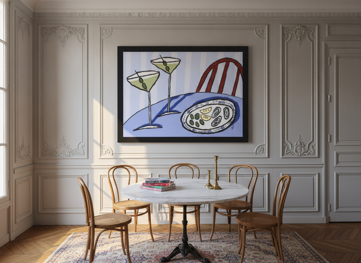 Oversized statement modern wall art print styled on the wall in a Parisian dining room