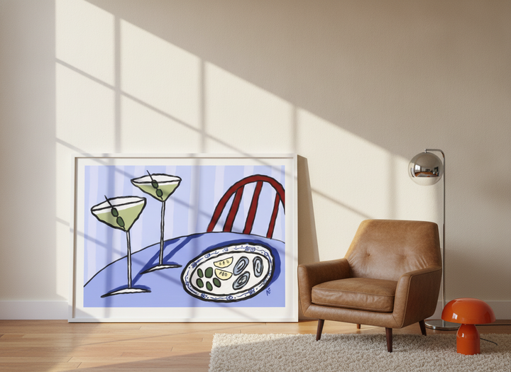Oversized statement modern wall art print leaning against the wall in a retro 70s living room