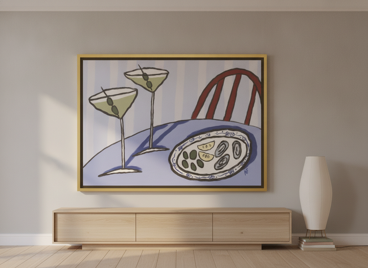 Oversized statement canvas wall art with a gold leaf surround styled on the wall in a warm Japandi living room