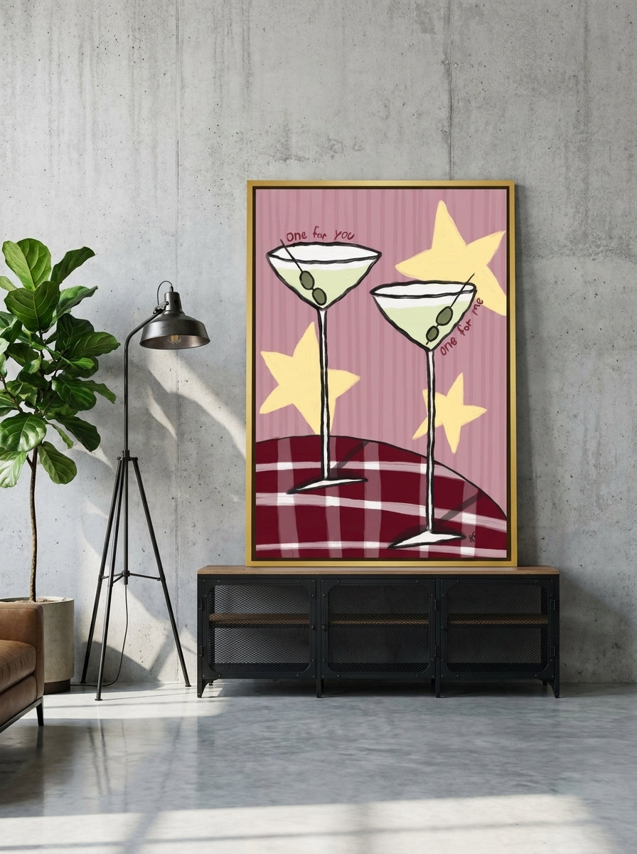 Canvas wall art with a gold leaf surround standing on a console in an industrial loft living room