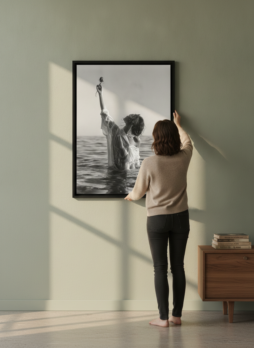 Person holding canvas wall art with a black surround in a mid-century living room
