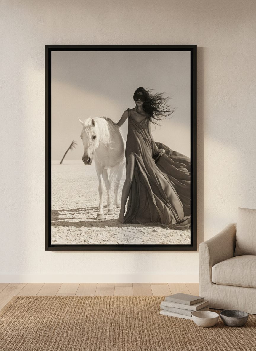 Oversized statement canvas wall art with a black surround leaning against the wall in a warm Japandi living room