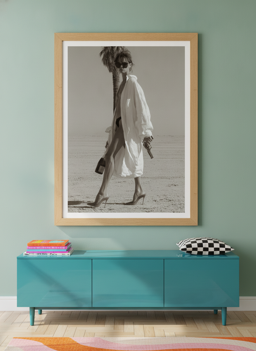 Modern wall art print styled on the wall in a colourful eclectic living room