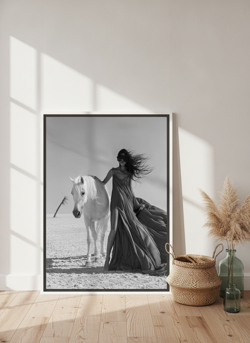 Canvas wall art with a white surround leaning against the wall in a coastal bedroom