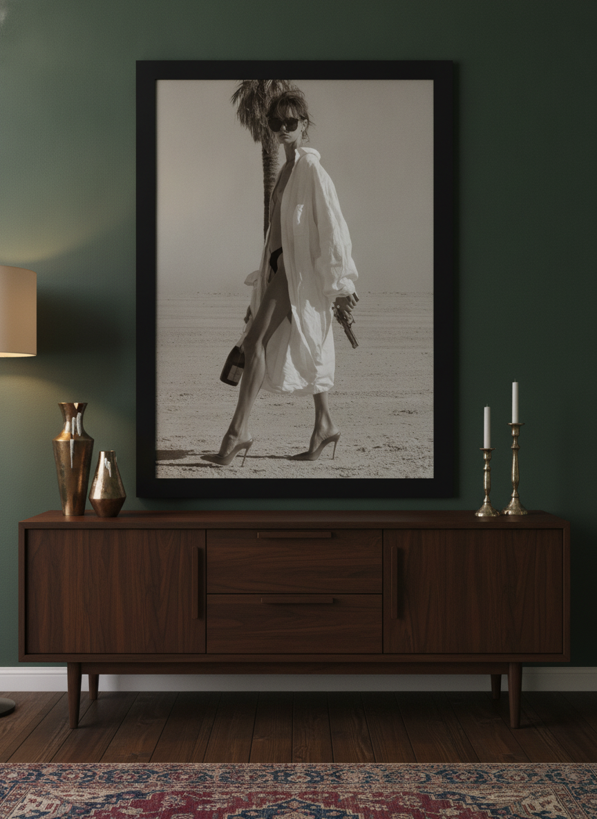 Modern wall art print standing on a sideboard in a moody home office