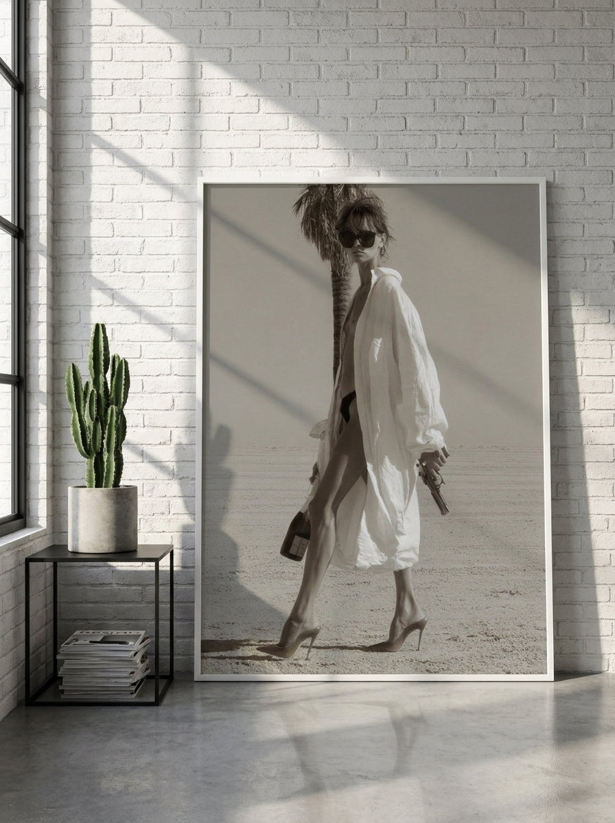 Oversized statement modern wall art print leaning against the wall in an industrial loft living room