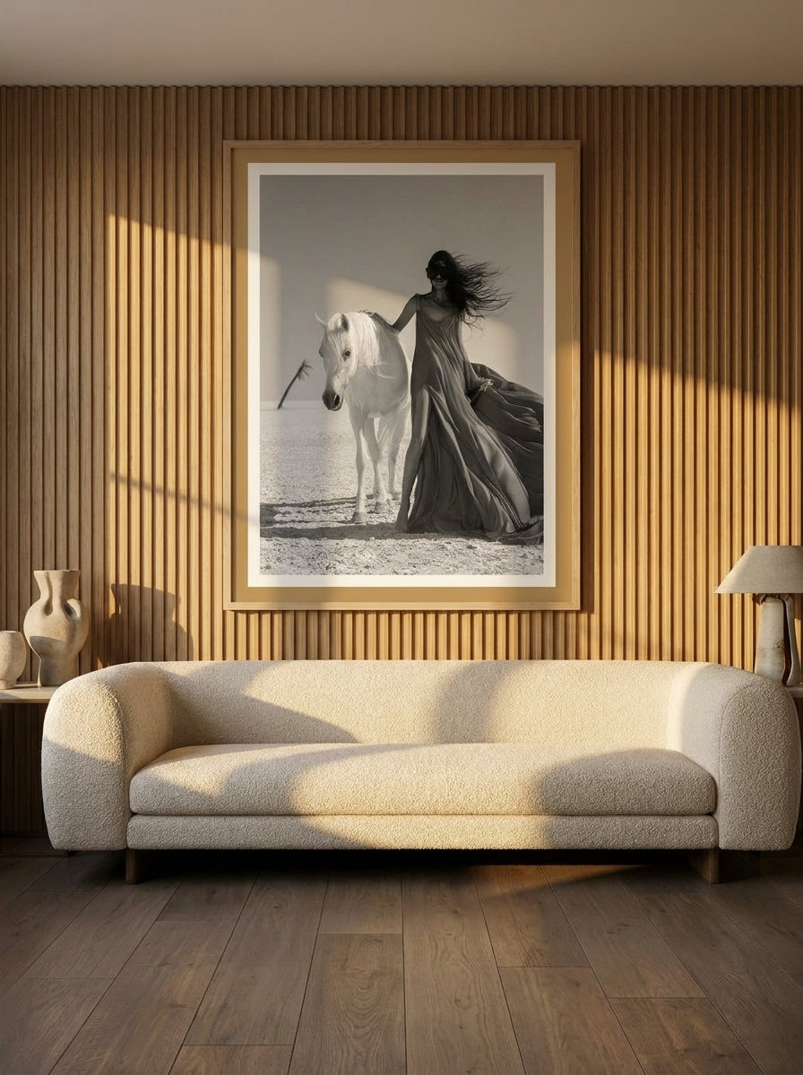 Modern wall art print styled on the wall in a luxe living room