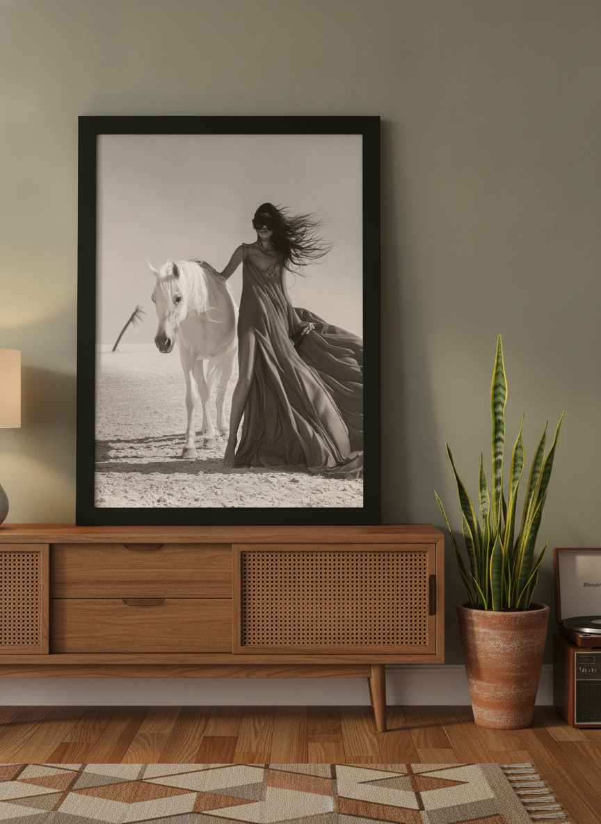 Modern wall art print standing on a sideboard in a mid-century living room