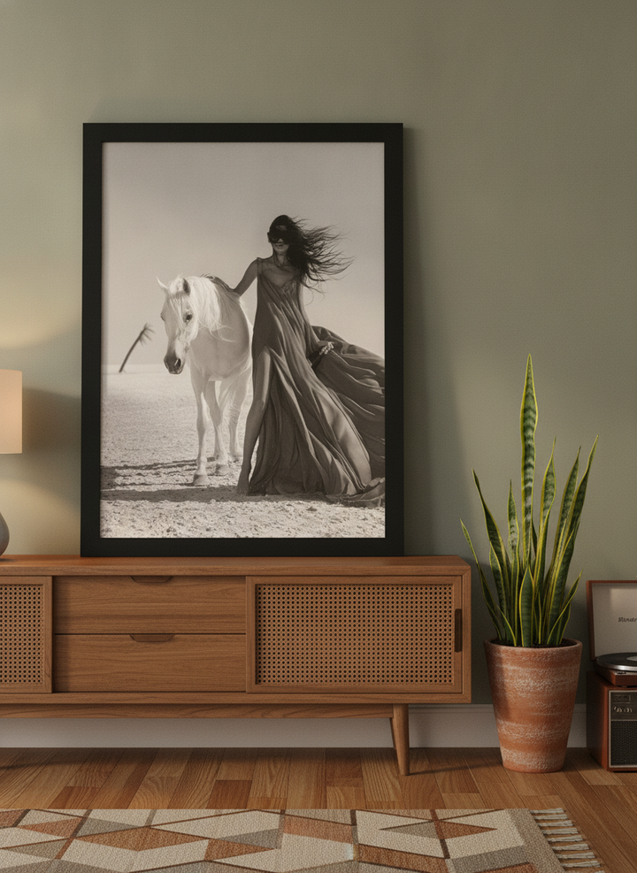 Modern wall art print standing on a sideboard in a mid-century living room