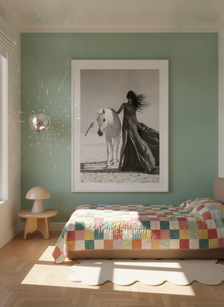 Oversized statement modern wall art print styled on the wall in a colourful eclectic bedroom
