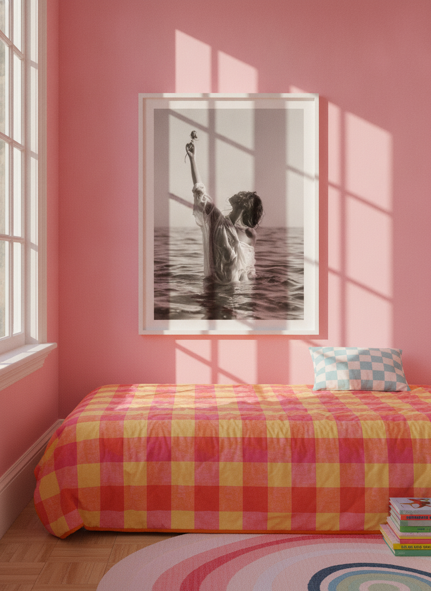 Modern wall art print styled on the wall in a colourful eclectic bedroom