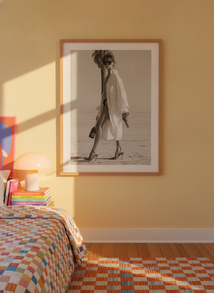 Modern wall art print styled on the wall in a colourful eclectic bedroom