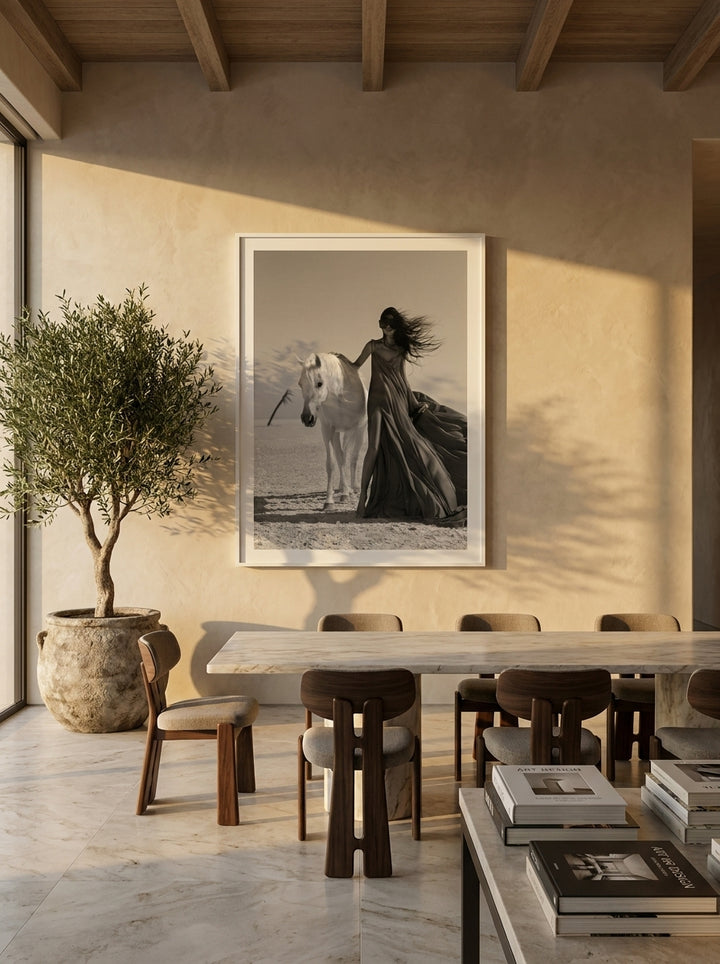 Oversized statement modern wall art print styled on the wall in a luxe dining room
