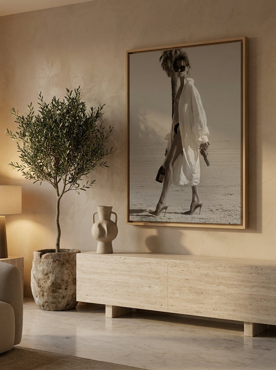Oversized statement canvas wall art with a natural timber surround styled on the wall in a luxe living room